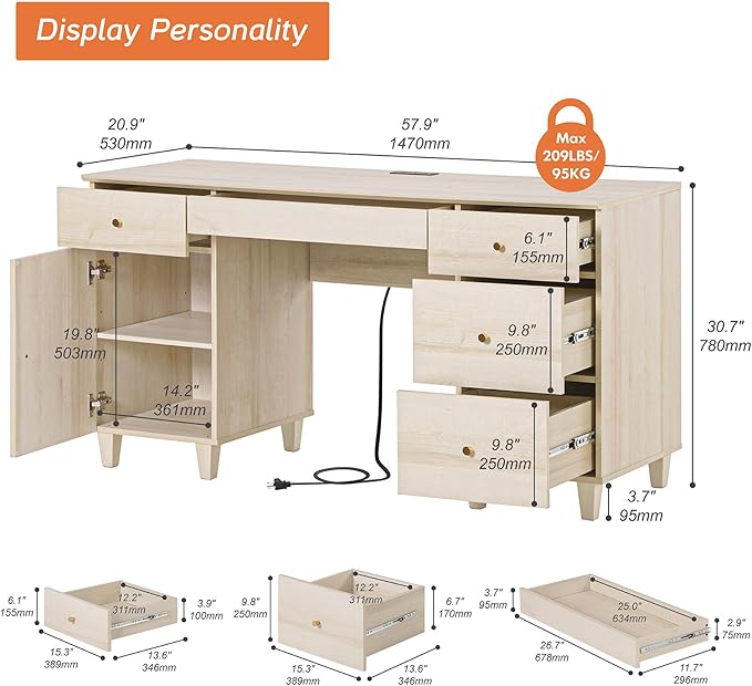 WAMPAT Desk with Drawers &amp Storage Cabinet 58 Inch Light Oak Wood Desk with Charging Station Modern Home Office Large Wooden Executive Computer Desk Vanity Desk for Bedroom