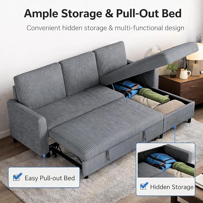 JAMFLY Pull Out Sleeper Sofa Bed with Storage Chaise L-Shaped Corduroy Sectional Couch 3-Seater Convertible Sofa with Hidden Storage for Small Living Room Apartment Office Grey
