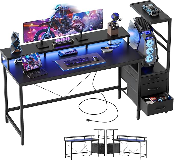 Mericonia Gaming Desk with Power Outlets &amp LED Lights Reversible Computer Desk with PC Case Stand Fabric Drawers Modern Office Desk with Shelves Monitor Stand