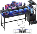 Mericonia Gaming Desk with Power Outlets &amp LED Lights Reversible Computer Desk with PC Case Stand Fabric Drawers Modern Office Desk with Shelves Monitor Stand