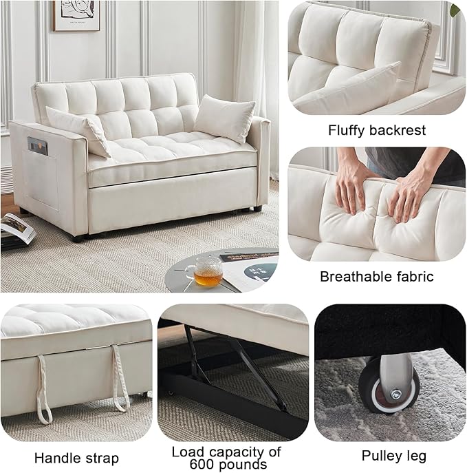 Futon Sofa Bed 3 in 1 Sleeper Sofa Couch Bed with Armrests Storage Pockets and 2 Pillows Adjustable Backrest Sofa Bed Couch for Living Room Bedroom OfficeReading Room(Beige)