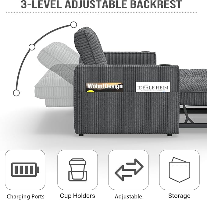 Rovibek 73.2 Convertible Sofa Bed Pull Out Couch with USB Charging Port &amp Cup Holders Adjustable Backrest Side Pockets Modern Corduroy Sleeper Sofa for Living Room Bedroom Apartment Grey