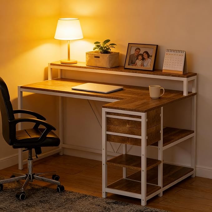 55 Inch Computer Desk with Monitor Stand L-Shaped Home Office Desk with Storage Drawers Reversible Gaming Writing Study Table for Home Office Bedroom (White+Oak)