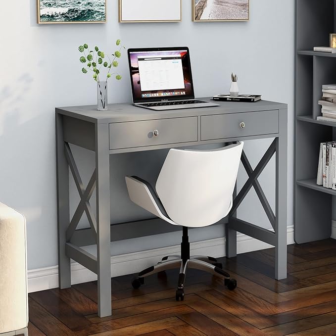 ChooChoo Computer Desk Study for Home Office Modern Simple 40 Inches Desk with Drawers Makeup Vanity Console Table Grey