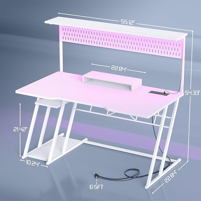 Armocity 53'' White Gaming Desk with Hutch and LED Lights Gaming Computer Desk with Storage Shelves &amp Z-Shaped Legs Reversible PC Game Desk with Pegboard for Bedroom Carbon Fiber Surface