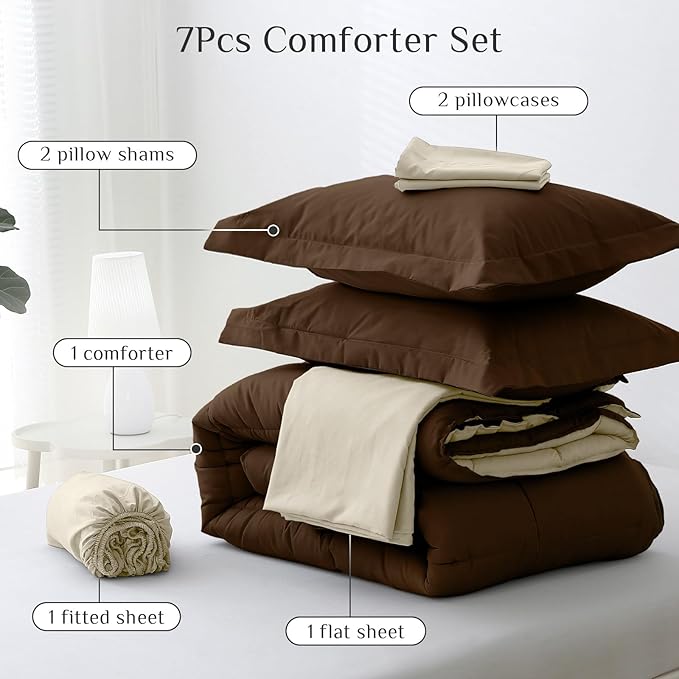 JOLLYVOGUE King Comforter Set Ultra-Soft Bed in a Bag King Size 7 Pieces Oeko-TEX Certified Bedding Set with Down Alternative Comforter Sheets Pillowcases &amp Shams Brown &amp Beige