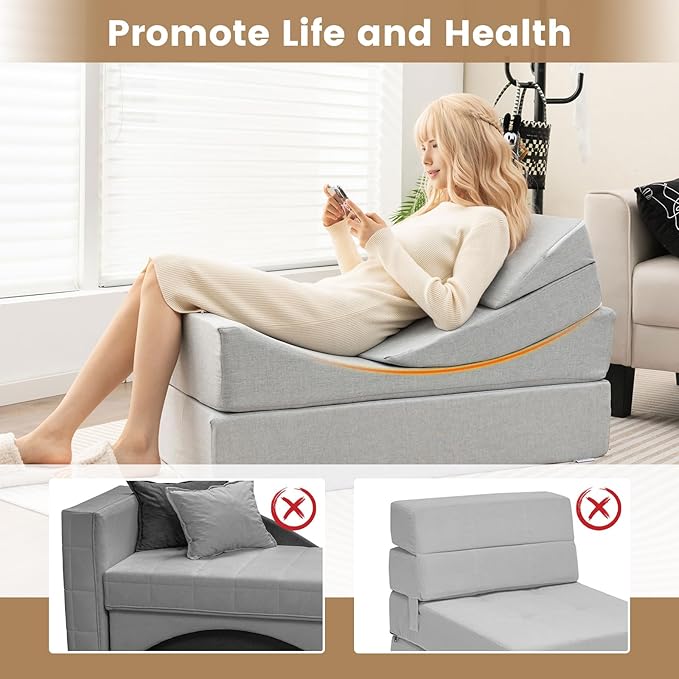 Giantex Convertible Folding Sofa Bed 4-in-1 Floor Futon Sleeper Chair with High-Density Foam Removable &amp Washable Linen Fabric Cover Foldable Single Couch Bed for Living Room Guest Use Road T