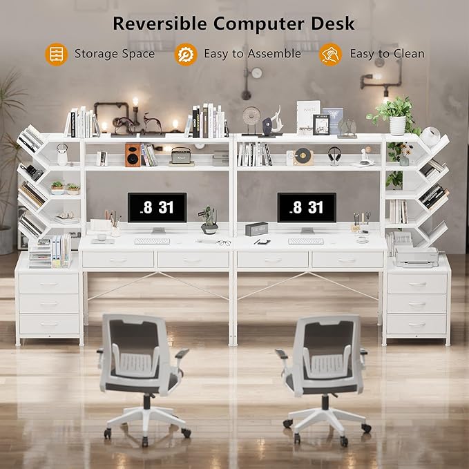 Reversible Computer Desk with Hutch Home Office Desk with 5 Drawers and Bookshelf 52'' Study Writing Desk with Storage Shelves for Bedroom Home Office White