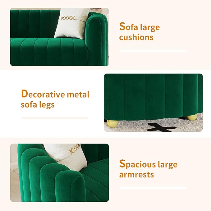 Mid-Century Modern Sofa for Living Room 84 Green Luxury Velvet Loveseat Sofa Couch Sectional Love Seat Sofa Couch with Gold Legs Upholstered Sofa for Apartment Bedroom Home Office