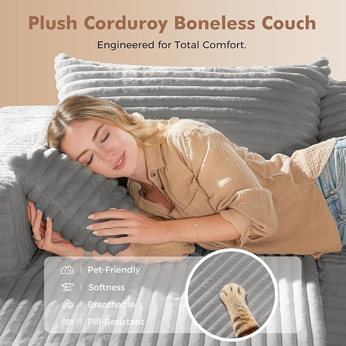 ELUCHANG Oversized 108” Boneless Couch Comfy Cloud Modular Sectional Sofa L-Shape Sofa with Chaise Memory Foam Upholstered Couch for Living Room Bedroom No Assembly Required Corduroy Grey