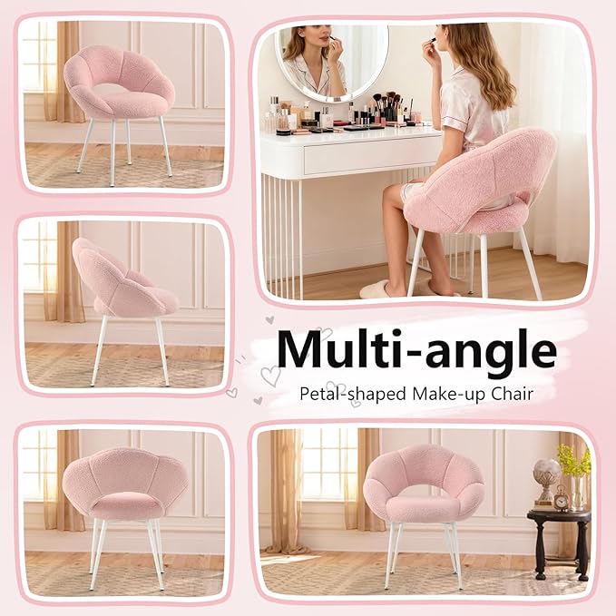 Petal Makeup Vanity Chair with BackUpholstered Makeup Accent Reading Chair No WheelsModern Dining Chair for HomeOfficeBedroomTeddy Plush (Pink)