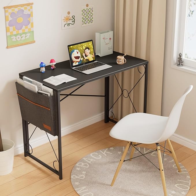 VECELO 39 Inch Folding Desk Simple Assembly Desk Writing Computer Desk for Home Office Study Office Desk Foldable Table for Small Spaces Black