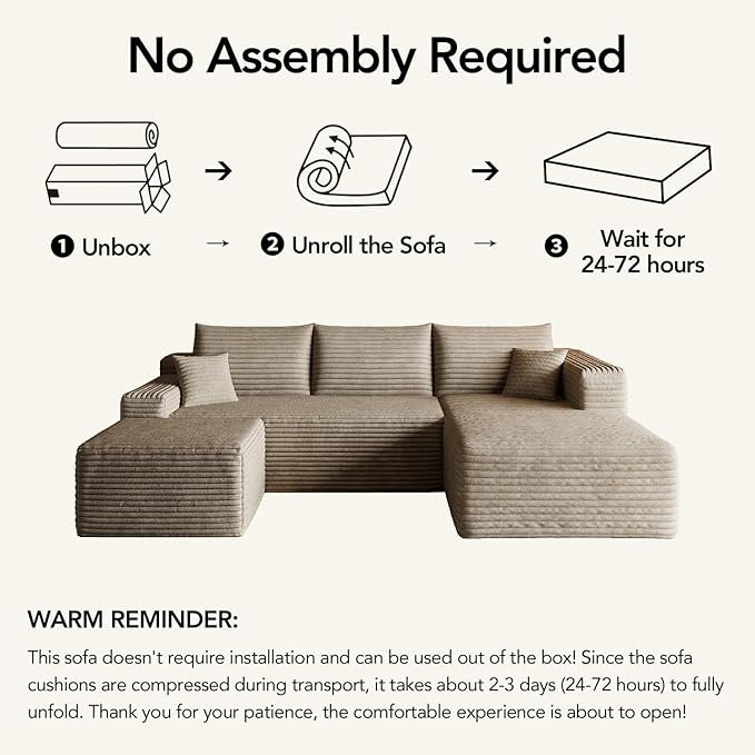 96 U-Shape Boneless Modular Sectional Cloud Couch with Chaise and Ottoman‌-Modern Comfy Corduroy couches for Living Room-Memory Foam SofaNo Assembly Required(Camel 96 Right Facing Chaise+Ottoman)