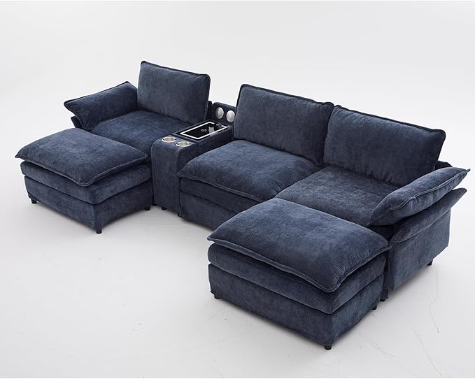 124'' Modular Sectional Sofa U-Shaped Chenille Cloud Couch with Storage 2 Ottomans Wireless Charging Loudspeaker Light 2 Cup Holders Double Chaise Couches for Living Room Office Blue