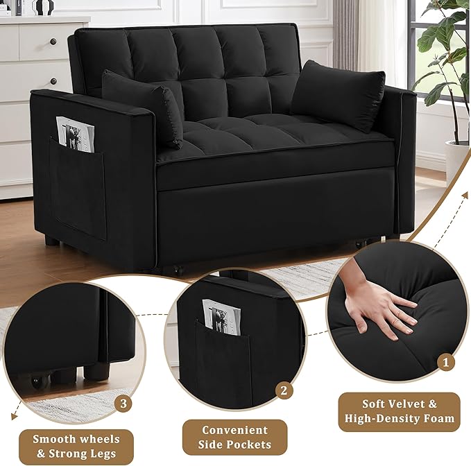 53.5 3-in-1 Convertible Sofa Bed Loveseat Couch With Pull-Out Bed Side Pockets And Adjustable Backrest Suitable For Living Rooms Apt And Offices Velvet Fabric Recliner SofaS Bed (black 53.5)