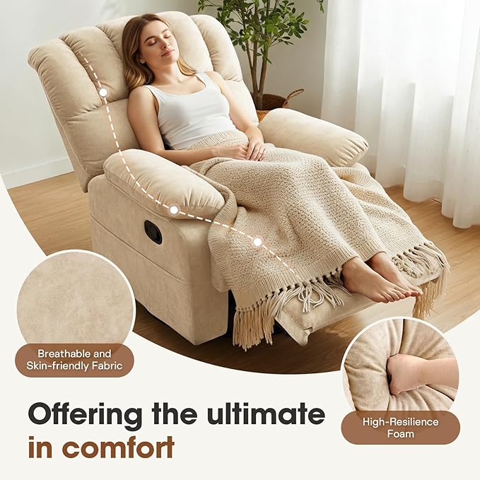 COOSLEEP Oversized Manual Swivel Rocker Recliner Chair Extra Wide Glider Rocker Recliner for Big and Tall Overstuffed Lazy Recliner Chair with High Back Single Sofa Chair for Living Room(Beige)