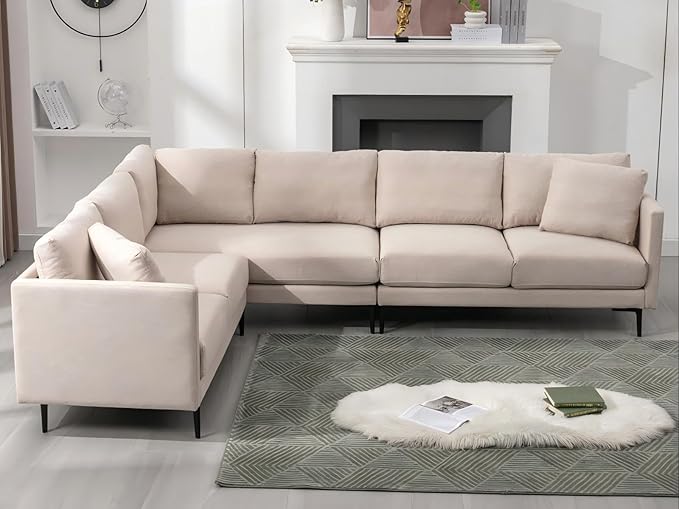 BALUS 107 Width Sectional L Shaped Sofa Couch Set for Living Room Convertible Oversized 5-Seat Corner Sofa Sets with 2 Pillows Modern Linen Sofas with Metal Legs for Living Room Apartment - Beige