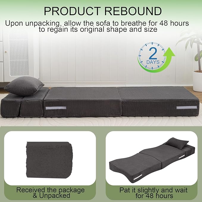 MeMoreCool Boneless Folding Chair Bed – Dark Grey Corduroy Single Sleeper Sofa 4-in-1 Convertible Futon Couch with Pillow Compact Fold-Out Floor Mattress with Washable Cover for Bedroom Guest Room