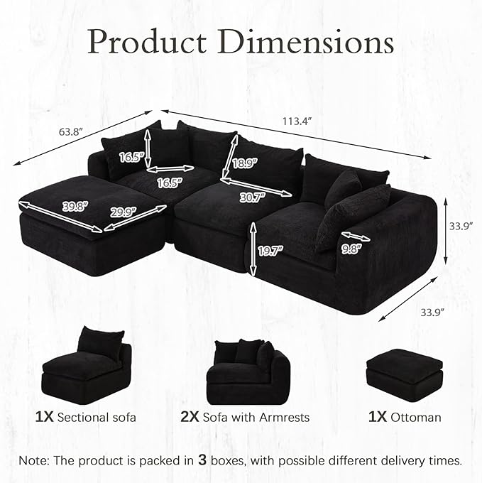 AVAWING 113 Modular Sectional Sofa Modern L Shaped Cloud Couch with Deep Seat &amp Ottoman Comfy Soft Boneless Sofa with Chaise for Living Room &amp Bedroom No Assembly Needed (Black)