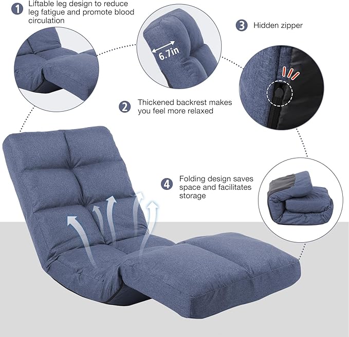Floor Recliner with Adjustable Footrest - 14-Position Backrest &amp 5-Level Footrest for Ultimate Relaxation Foldable Linen Chaise Lounge Chair for Living Room (Blue)