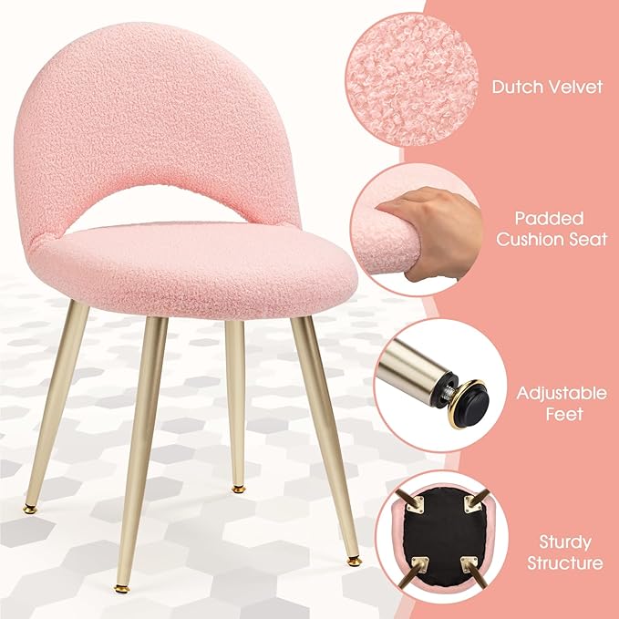 Vanity Chair with Adjustable Backrest Boucle Upholstery Armless Makeup Stool Gray Sherpa Vanity Stool with Gold Metal Legs for Bedroom Living Room Kitchen Dinning Room (Pink)