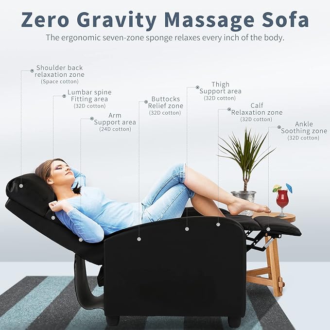 HCY Massage Recliner Chair Padded Wide Seat Sofa Wingback Single Sofa with Footrest PU Leather for Living RoomHome Theater(Black)