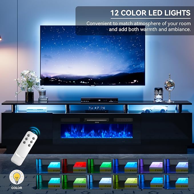 90 TV Stand for Living Room Large Entertainment Center &amp Media Console Fits TVs up to 100 Storage Cabinet with Shelves 50 Electric Fireplace