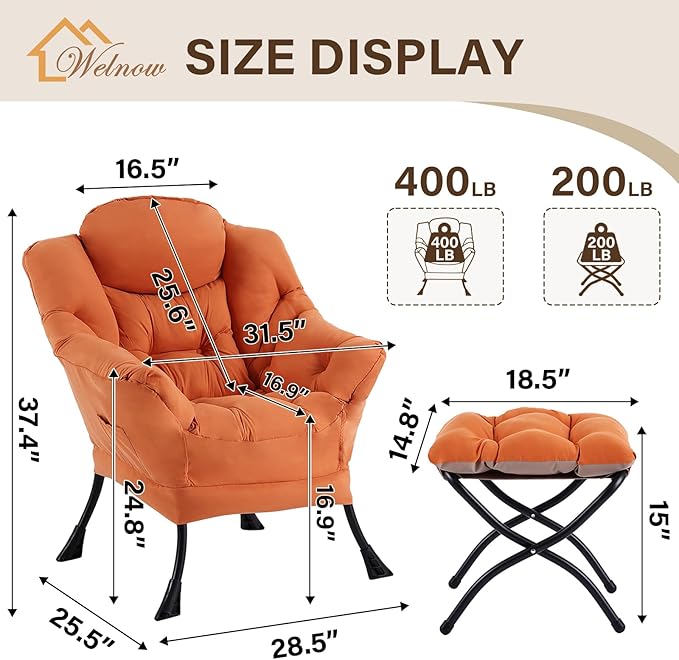 Welnow Lazy Chair with Ottoman for Living Room Modern Reading Accent Chair with Armrests and a Side Pocket Leisure Upholstered Lazy Sofa for Small Space Bedroom Dorm Orange
