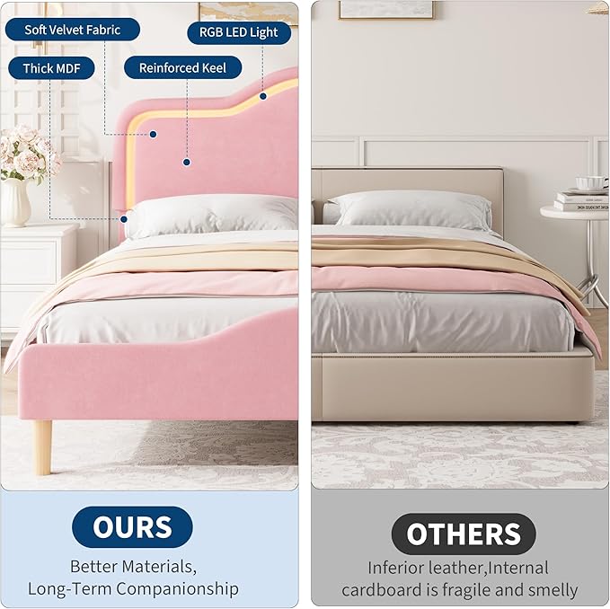 IDEALHOUSE Queen Size Bed Frame with LED Lights Velvet Upholstered Platform Bed with Adjustable Headboard for Kids/Girls Wooden Slats Support No Box Spring Needed Pink