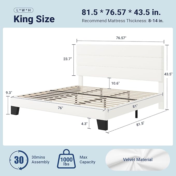 Allewie King Size Platform Bed Frame with Velvet Upholstered Headboard and Wooden Slats Support Fully Upholstered Mattress Foundation/No Box Spring Needed/Easy Assembly White