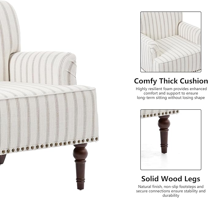 Accent Chair Mid Century Modern Comfy Armchair for Living Room Linen Fabric Single Sofa Lounge for Reading Bedroom Apartment Waiting Room with Wood Legs (Pinstripe Light Brown Set of 1)