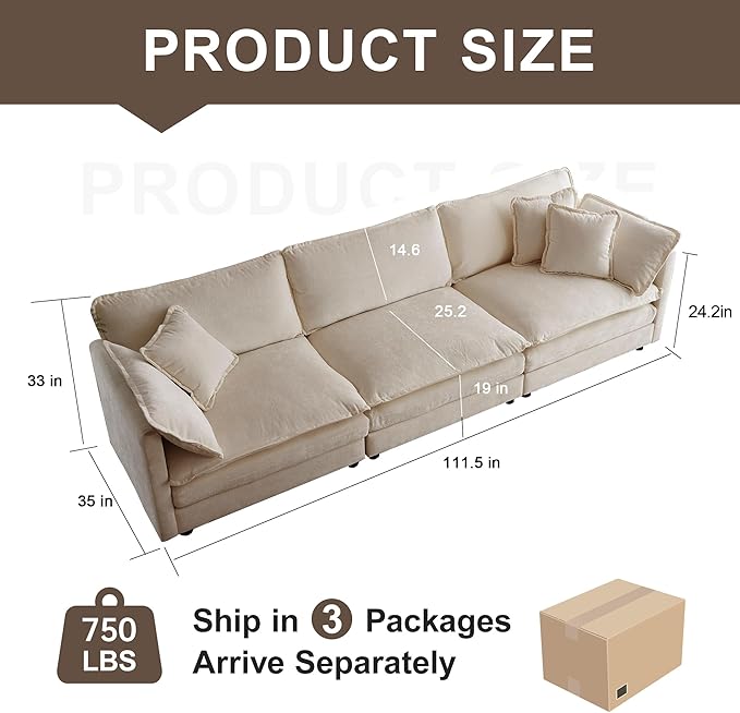 111.5 Sofa Modular Sectional Cloud Couch 3-Seat Chenille Deep Seat Sofa with Pillow for Living Room Bedroom and Apartment Light Coffee