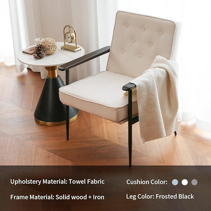 Living Room Chairs Mid Century Modern Accent/Arm Chair Upholstered Fabric Armchairs with Wood Legs for Home Office Bedroom Living/Reception Room (White)