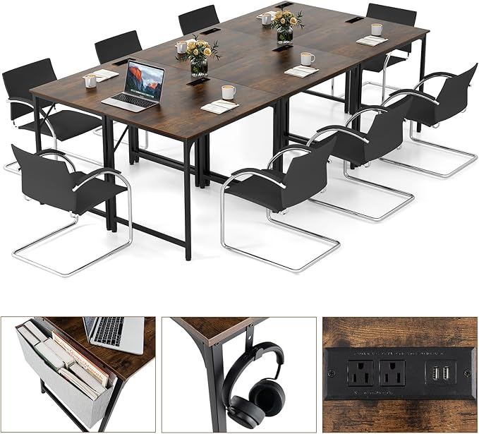 32 Inch Computer Desk Set of 6 Modern Writing Desk with Heavy-Duty Metal Frame Storage Bag &amp Charging Station Rectangular Home Office Workstation Table for Conference Study &amp Meeting Room
