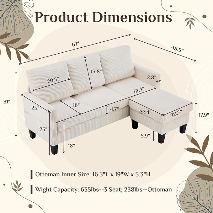Karl home Small Sectional Couch L Shaped Sofa with Movable Storage Ottoman Corduroy Upholostered Sofa Chaise with Side Pockets for Living Room Apartment Studio Beige