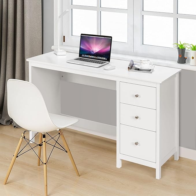 Computer Desk 48 Inch Home Office Desks with Drawers Modern Makeup Vanity Table Teens Writing Gaming Desk White Desk with Drawers for Bedroom Study Office (White)