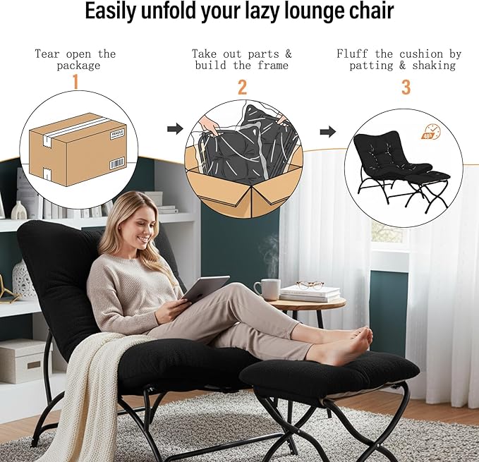 Tiita Accent Lazy Chair with Ottoman Comfy Lounge Chair with Metal Frame and Plush Fabric Thick Cushion Seated Cozy Recliner Chair for Reading Room Living Room Bedroom Office Black