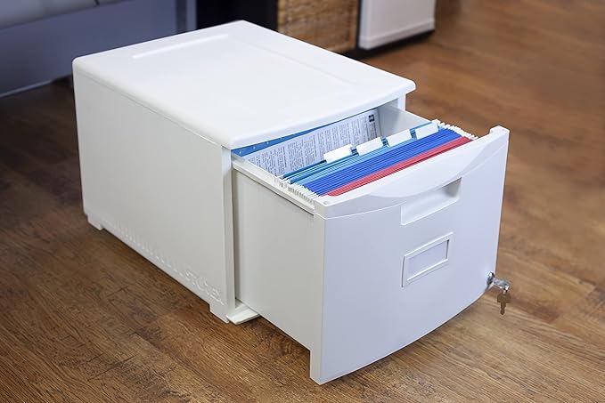 Storex Plastic One-Drawer File Cabinet – Locking Document Organizer for Home and Office White 1-Pack (61271A01C)