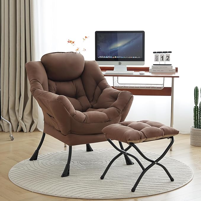 LITA Lazy Chair with Ottoman Modern Accent Leisure Upholstered Sofa Chair Contemporary Lounge Reading Chairs with Armrests and a Side Pocket for Living Room Bedroom &amp Small Space Dark Brown