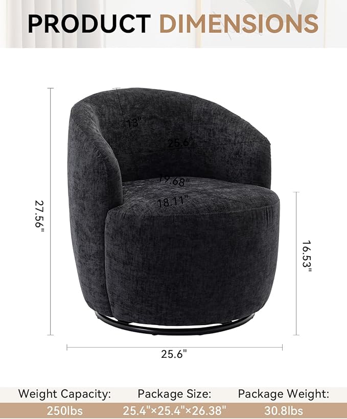 360 Degree Swivel Accent Chair Modern Barrel Vanity Chair with Back Comfy Single Circle Couch for Living Room Bedroom Reading Nook (Chenille Black)