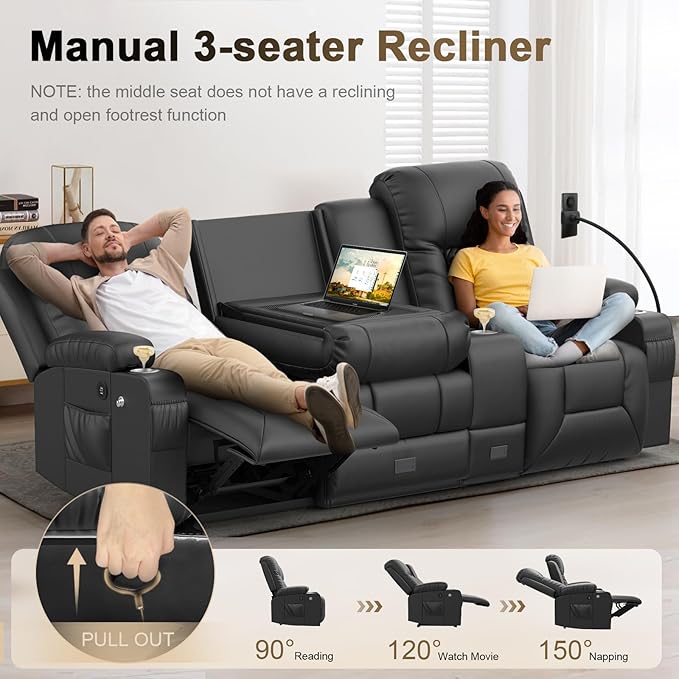 YONISEE 3 Seat Recliner Sofa with Flip Backrest Design Loveseat Reclining Sofa with Storage Console Drawer USB Ports 2 Cell Phone Holder Loveseat Recliner Couch for Living Room