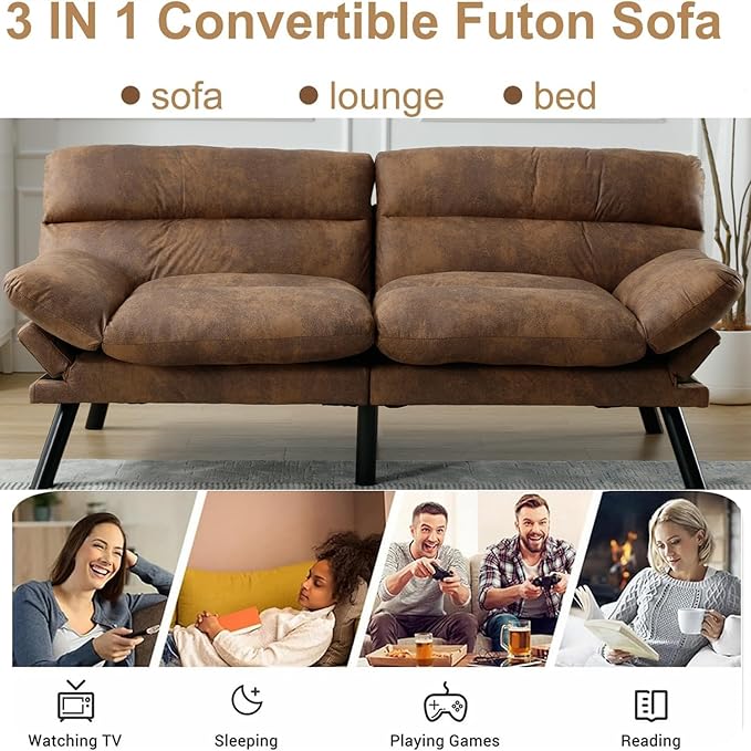 70 Modern Microsuede Convertible Folding Futon Couch Sofa Bed Adjustable Pillow Top Arm Memory Foam Couch Double Loveseat Sofa for Compact Living SpaceDormGame StudioApartmentBedroom (Coffee)