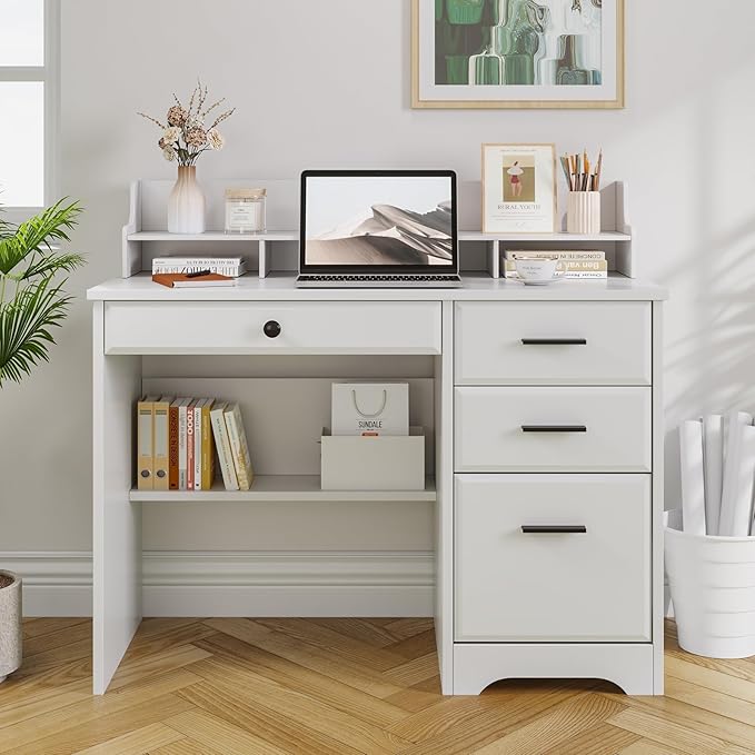 4 EVER WINNER White Desk with Drawers Small Desk with File Drawer for Small Spaces Writing Desk with Monitor Stand Wood Table for Study Home Office White