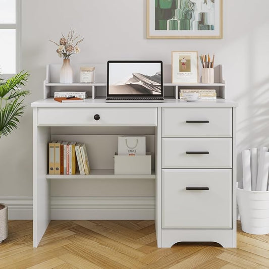 4 EVER WINNER White Desk with Drawers Small Desk with File Drawer for Small Spaces Writing Desk with Monitor Stand Wood Table for Study Home Office White