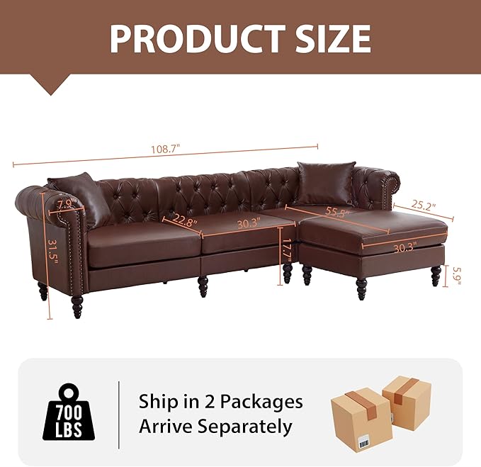 AVZEAR Chesterfield L Shaped Sofa Modular Sectional Leather Couch with Ottoman and Pillow Modern PU Deep Seat Sofa Living Room Furniture Sets for Living Room Apartment Dark Brown