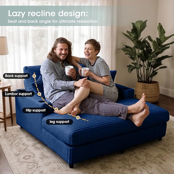 64 Chaise Lounge Indoor Oversized Chaise Lounge Chair with 2 PillowsUSB Charger Cup Holder Corduroy Sofa Bed Lazy Sleeper Couch Reading Chair for Apartment Blue