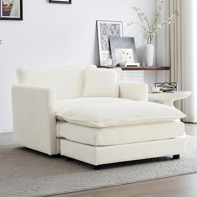 KIVENJAJA 41.4”W Oversized Sofa Chair with Ottoman Modern Chenille Deep Seat Single Couch Armchair Comfy Chaise Lounge Indoor with Pillow for Living Room Bedroom Apartment Beige