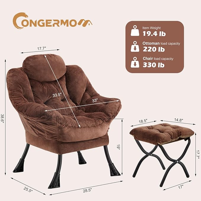 Lazy Chair with Folding OttomanLeisure Sofa ChairSoft Fabric Armchair with Armrests and Side Pockets Reading Chair with Footrest for Living Room Bedroom Office (Plush Dark Brown)