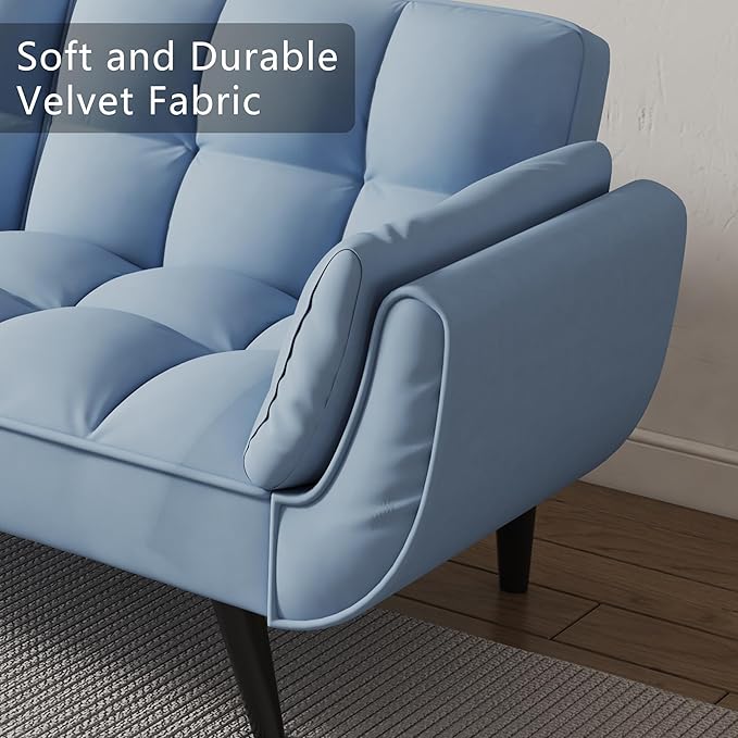 Olela Futon Sofa Bed Convertible Sleeper Couch 74 W Modern Velvet Loveseat with Adjustable Backrests and Solid Wood Legs for Living Room Bedroom Small Space (Light Teal)