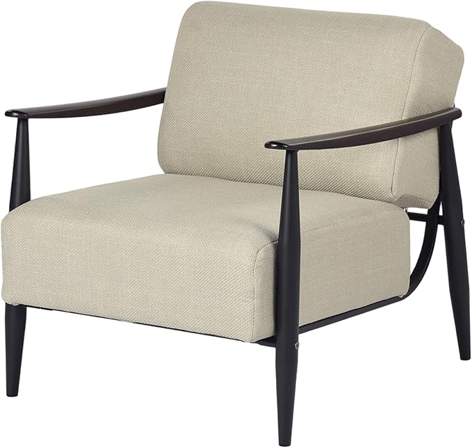 Homy Casa Mid-Century Modern Accent Chair with Fabric Upholstery Solid Wood Armrests and Sturdy Metal Frame Comfy Lounge Chair for Living Room Bedroom Reading Corner or Office – Beige/Walnut